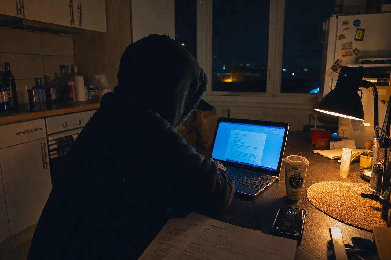 Küche bei Nacht: eine Person im Hoodie sitzt im Dunkeln vor dem Laptop, daneben kalter Kaffee und ausgedruckte Lebensläufe.